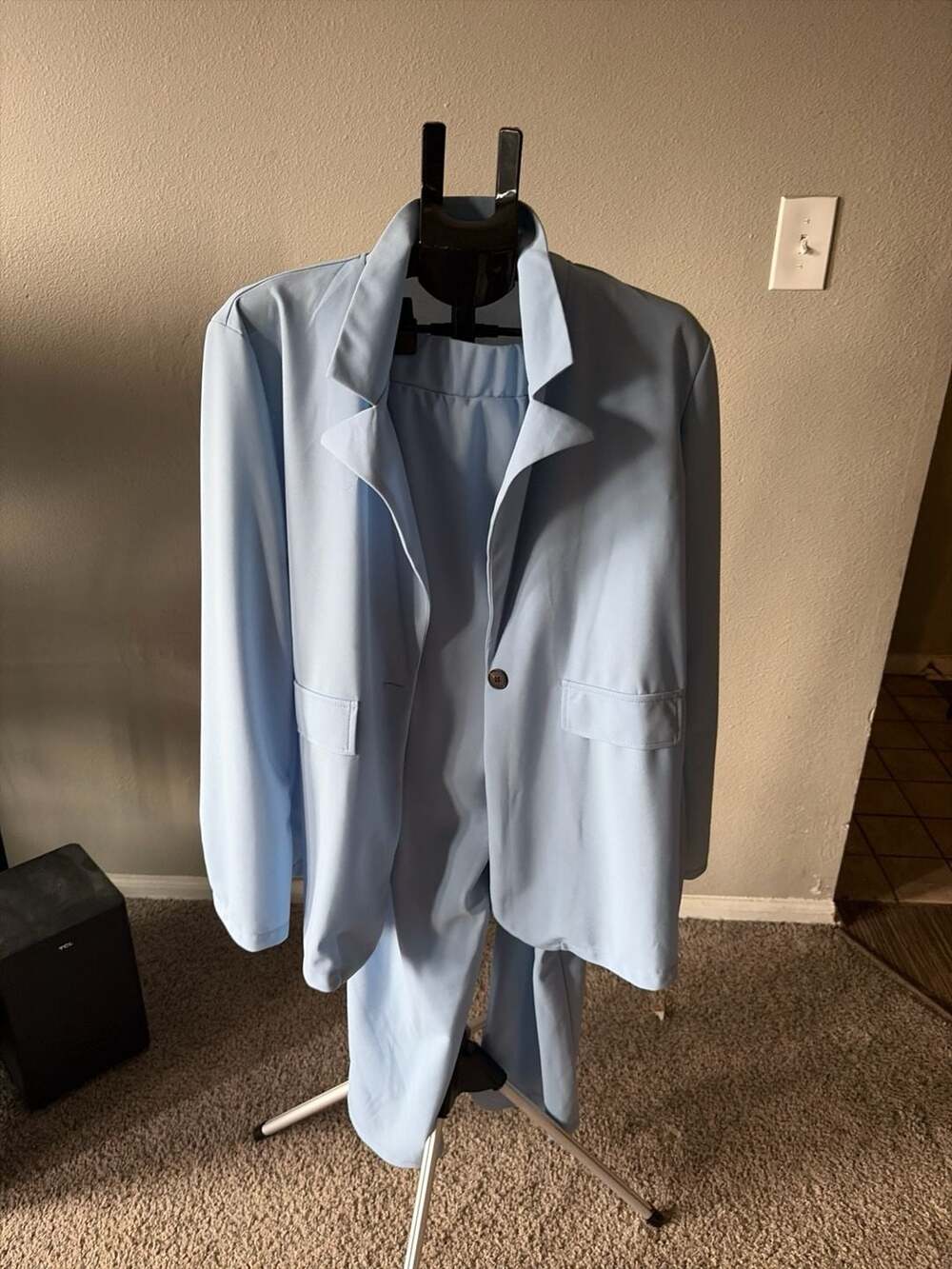 SHEIN Sky Blue Blazer and Elastic Waist Straight Leg Trouser Suit Set